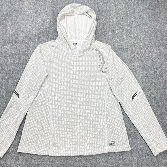 REI Tops - REI Hooded Athletic Top Womens Large White Printed Lightweight Thumb Holes